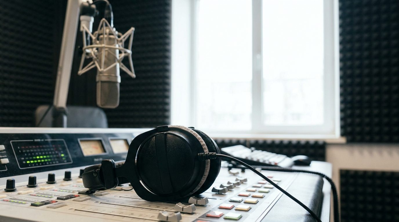 Professioneller Kopfhörer auf einem Mischpult im Radiostudio