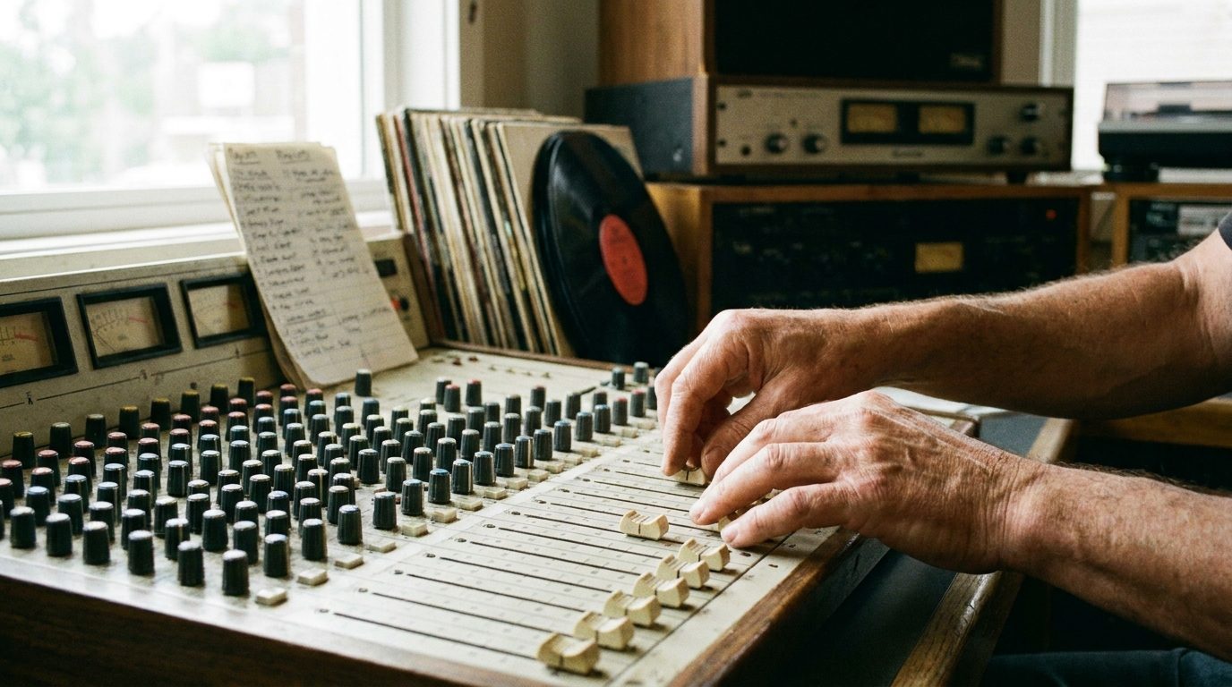 Mains d'un animateur radio ajustant une console de mixage en studio