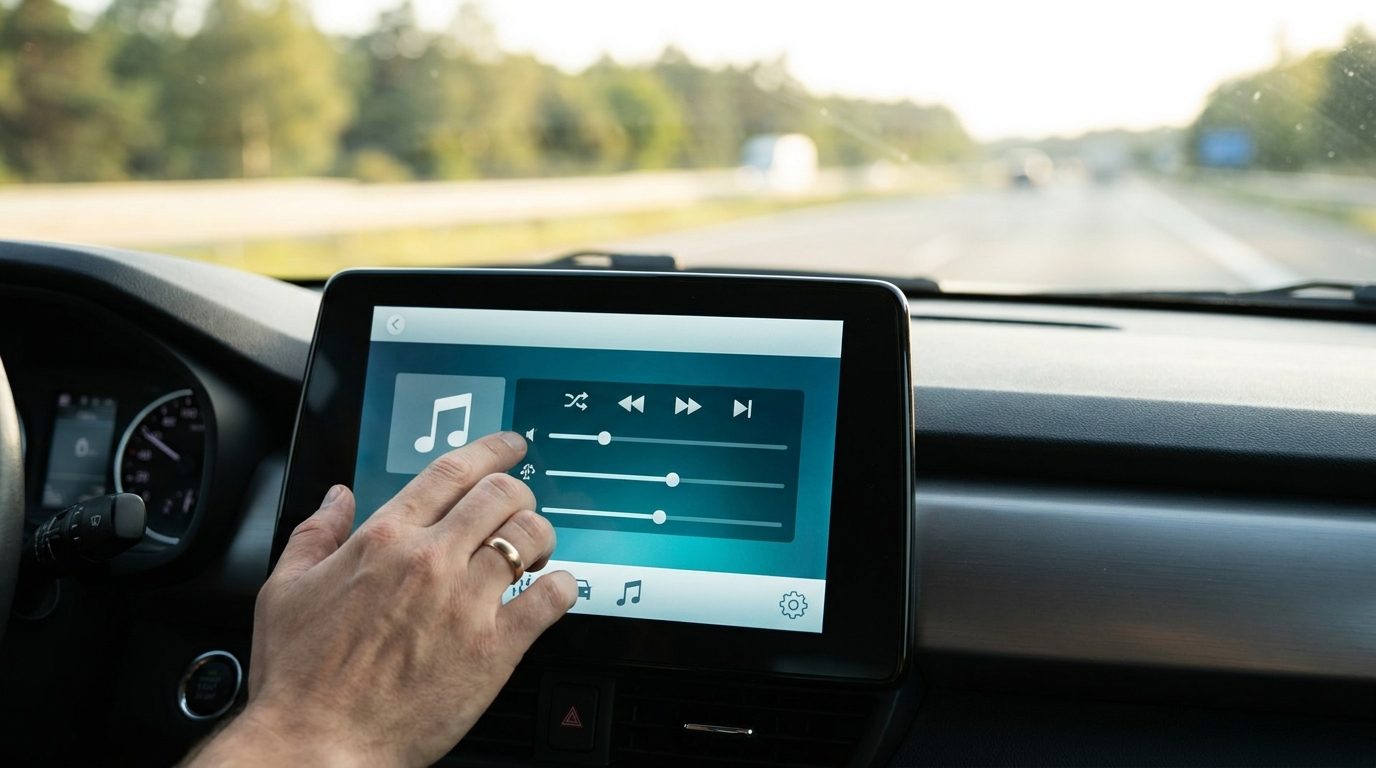Hand bedient die Radiosteuerung auf einem Touchscreen eines vernetzten Fahrzeugs