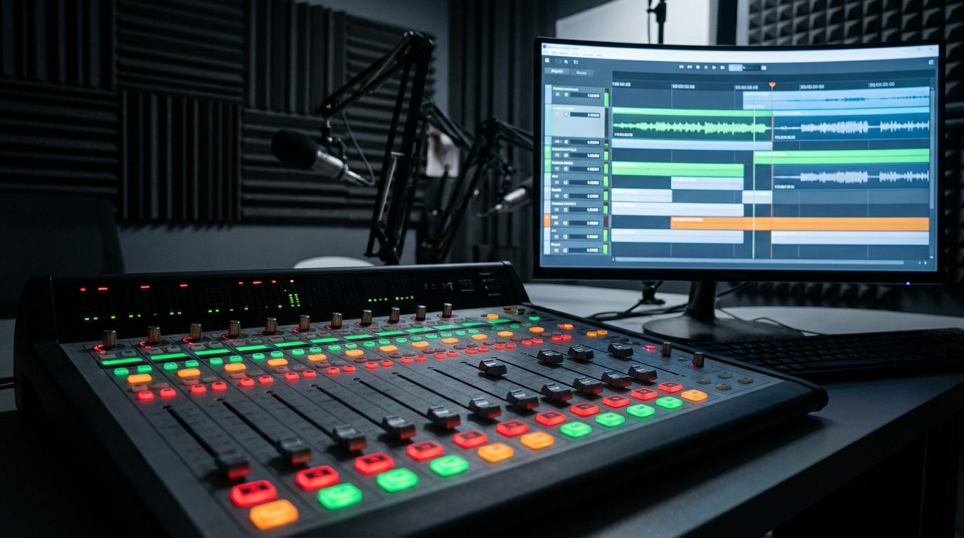 Mischpult und Automation eines Webradios mit sendebereiten Audio-Produktionen