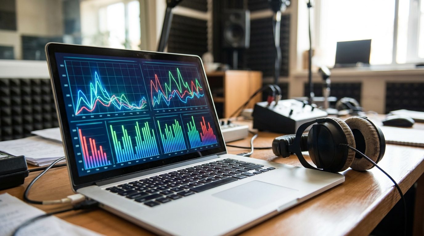 Pantalla de ordenador con gráficos de escucha junto a unos auriculares de estudio