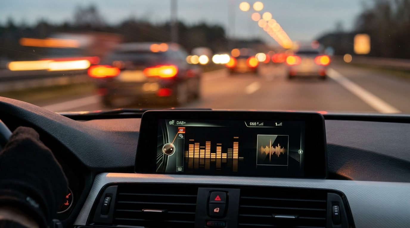 Pantalla de una radio digital DAB+ en el salpicadero de un coche al anochecer