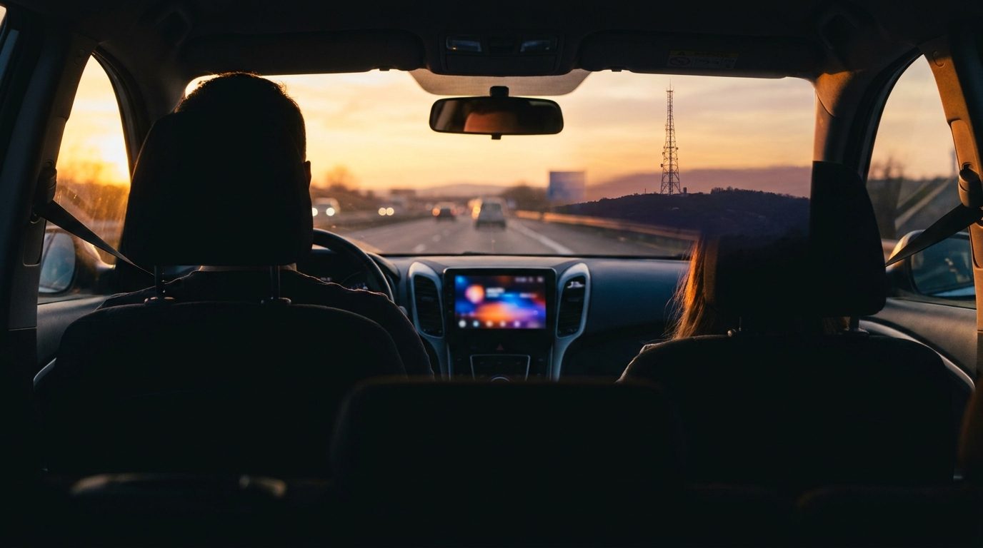 Salpicadero de un coche en la autopista al atardecer con una torre de emisión en el horizonte