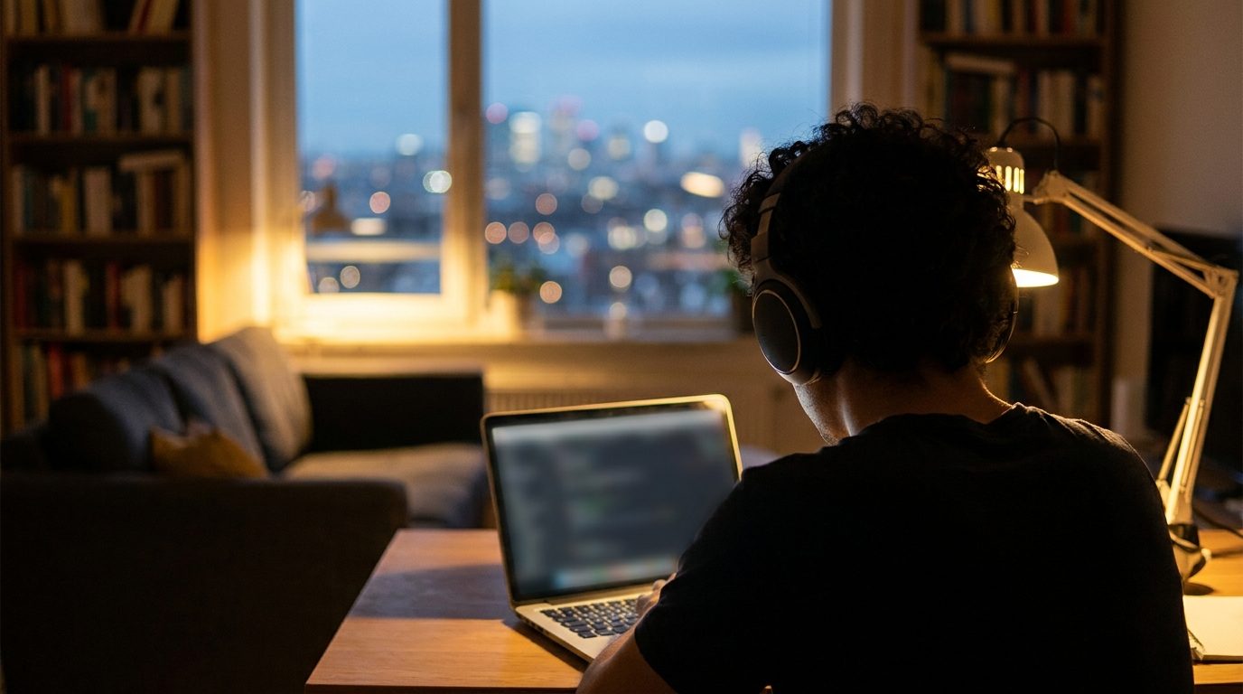 Oyente con auriculares escuchando una radio online en un ordenador portátil