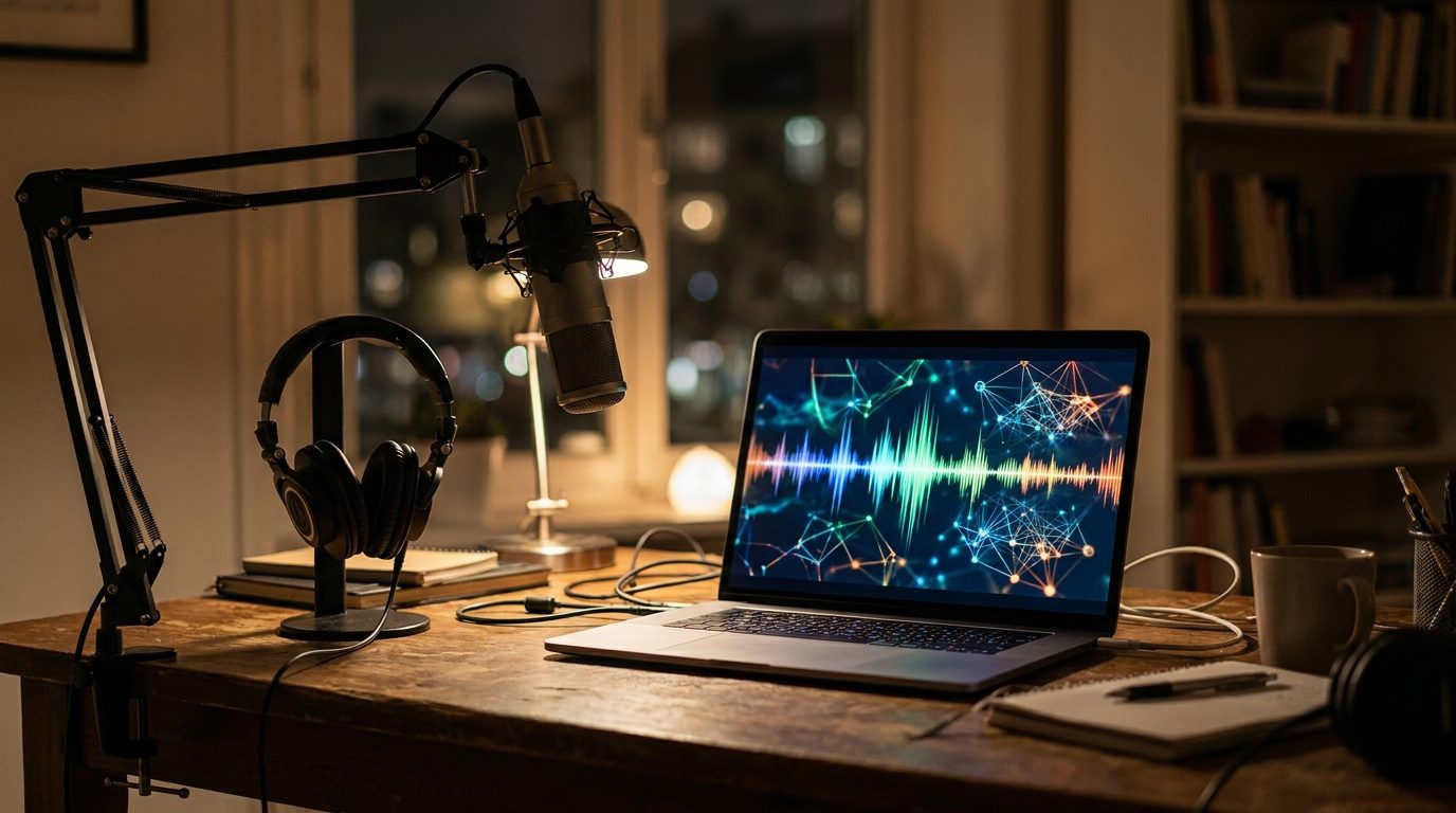 Mesa de producción de radio de noche con auriculares, micrófono y un portátil con ondas de sonido
