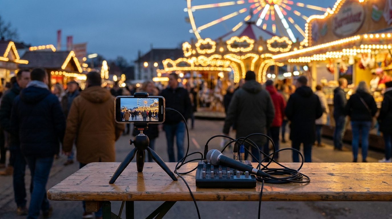 Smartphone grabando un vídeo vertical junto a un equipo portátil de radio en una feria