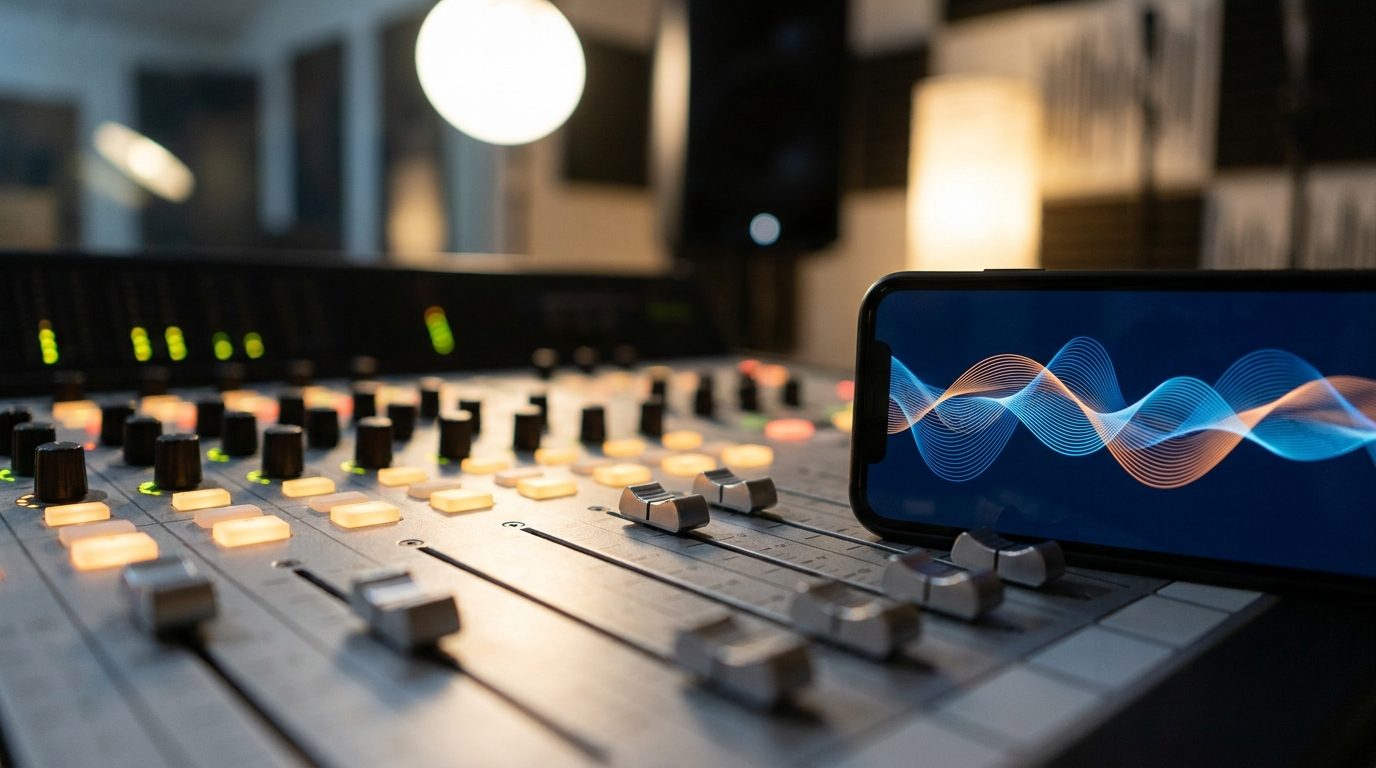 Mesa de mezclas de radio junto a un smartphone que muestra una onda musical