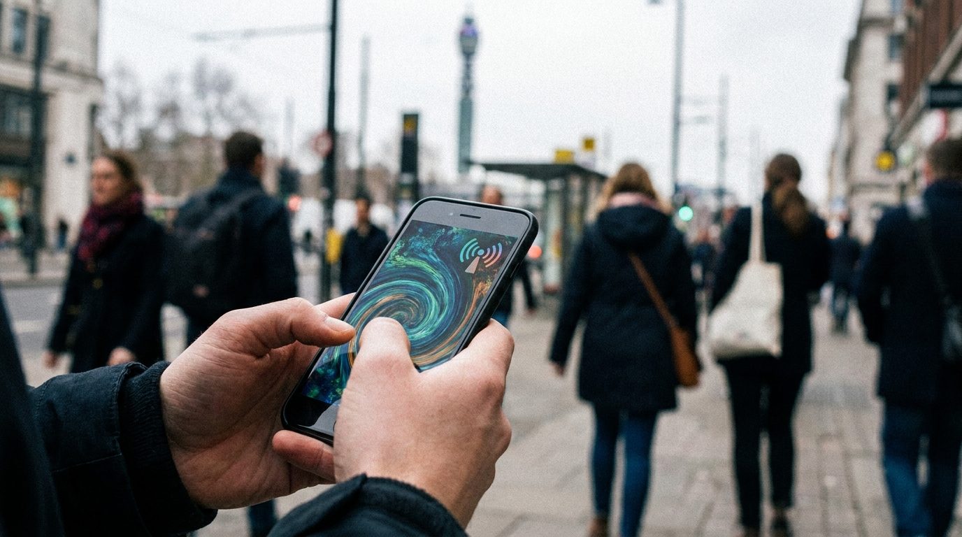 Smartphone tenu en main dans la rue, affichant un lecteur vidéo en direct, avec une antenne de diffusion en arrière-plan