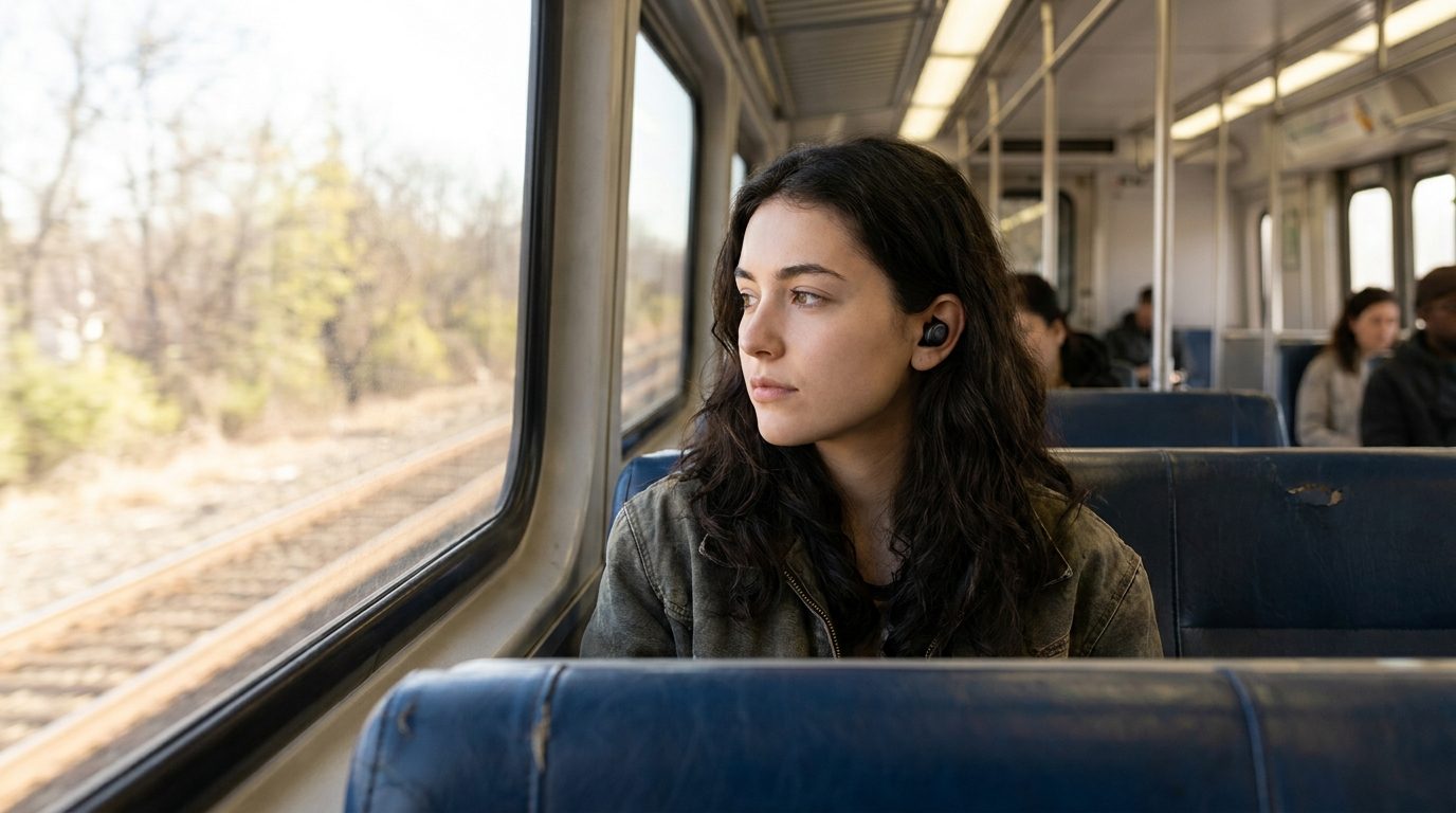 Una oyente escucha un programa de audio con auriculares inalámbricos en un tren