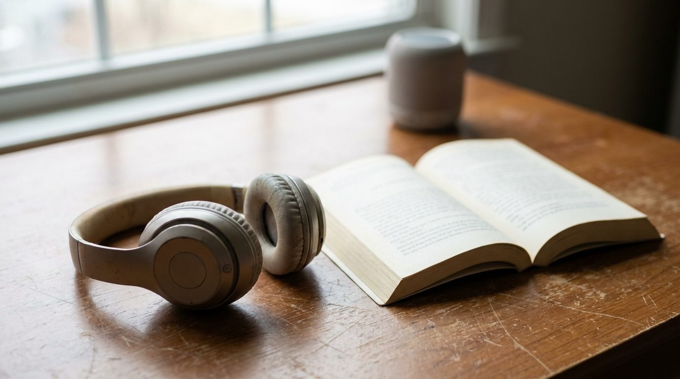 Auriculares inalámbricos junto a un libro abierto sobre un escritorio de madera