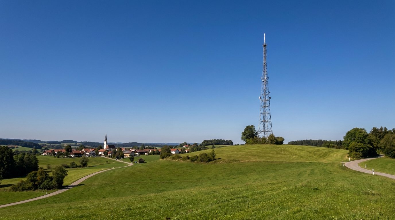 Torre de transmisión de radio en una colina verde de la Baviera rural