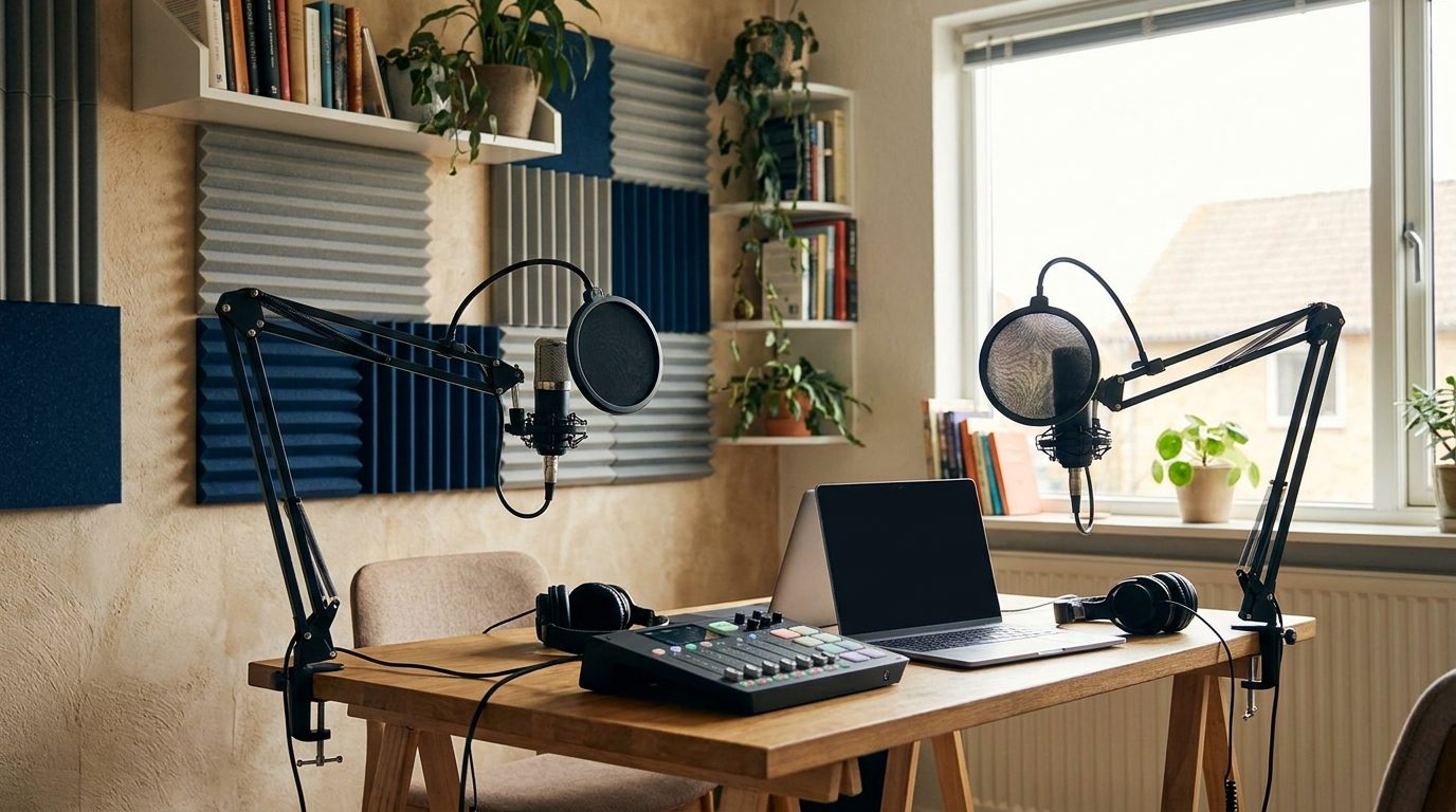 Un pequeño estudio de grabación de pódcast con dos micrófonos, una interfaz de audio y un portátil