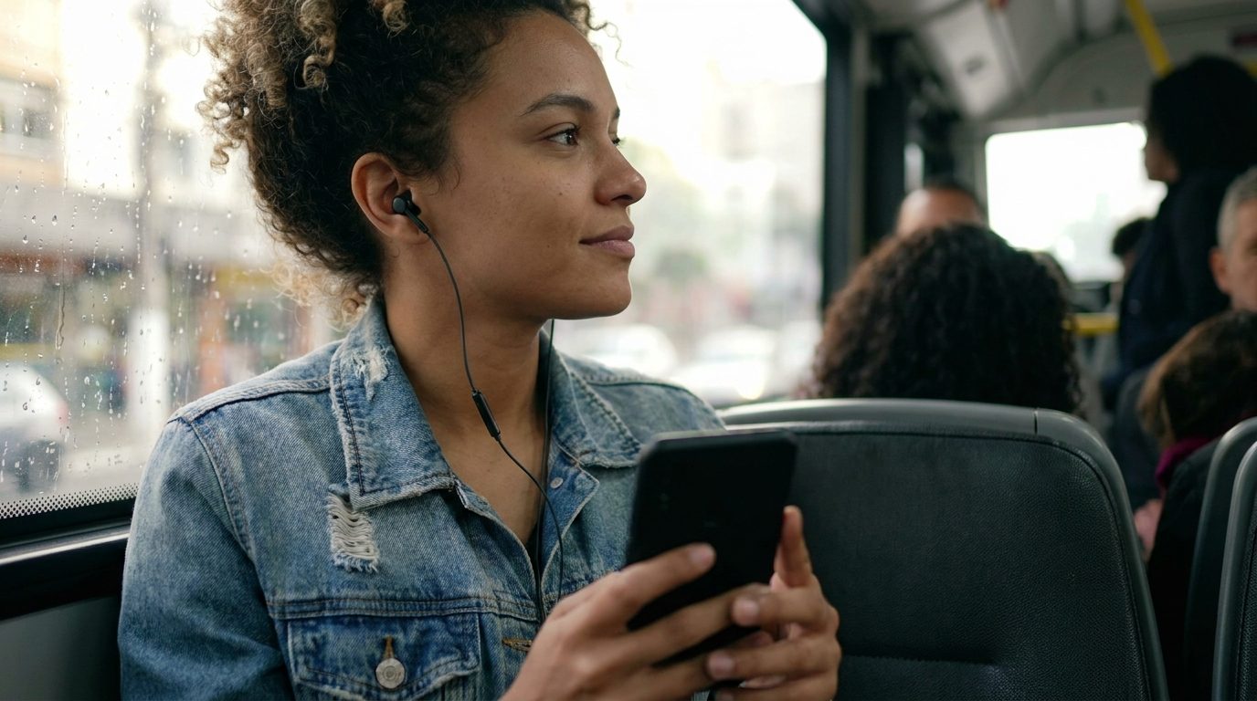 Joven pasajero de autobús escuchando audio con auriculares