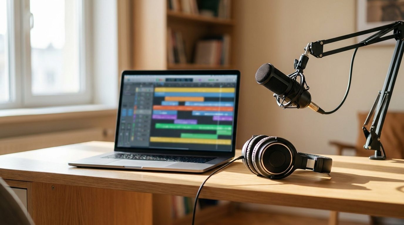 Escritorio de estudio casero con portátil, auriculares y micrófono para editar un pódcast en vídeo