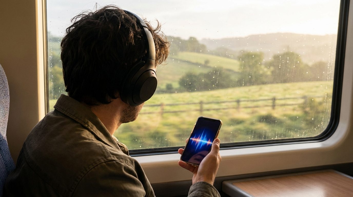 Voyageur dans un train écoutant un podcast au casque sur son smartphone