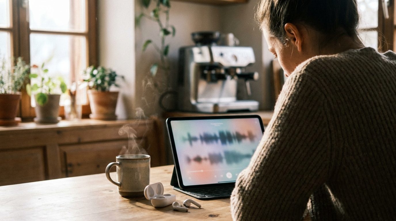 Una persona mira un pódcast en vídeo en una tableta apoyada sobre una mesa