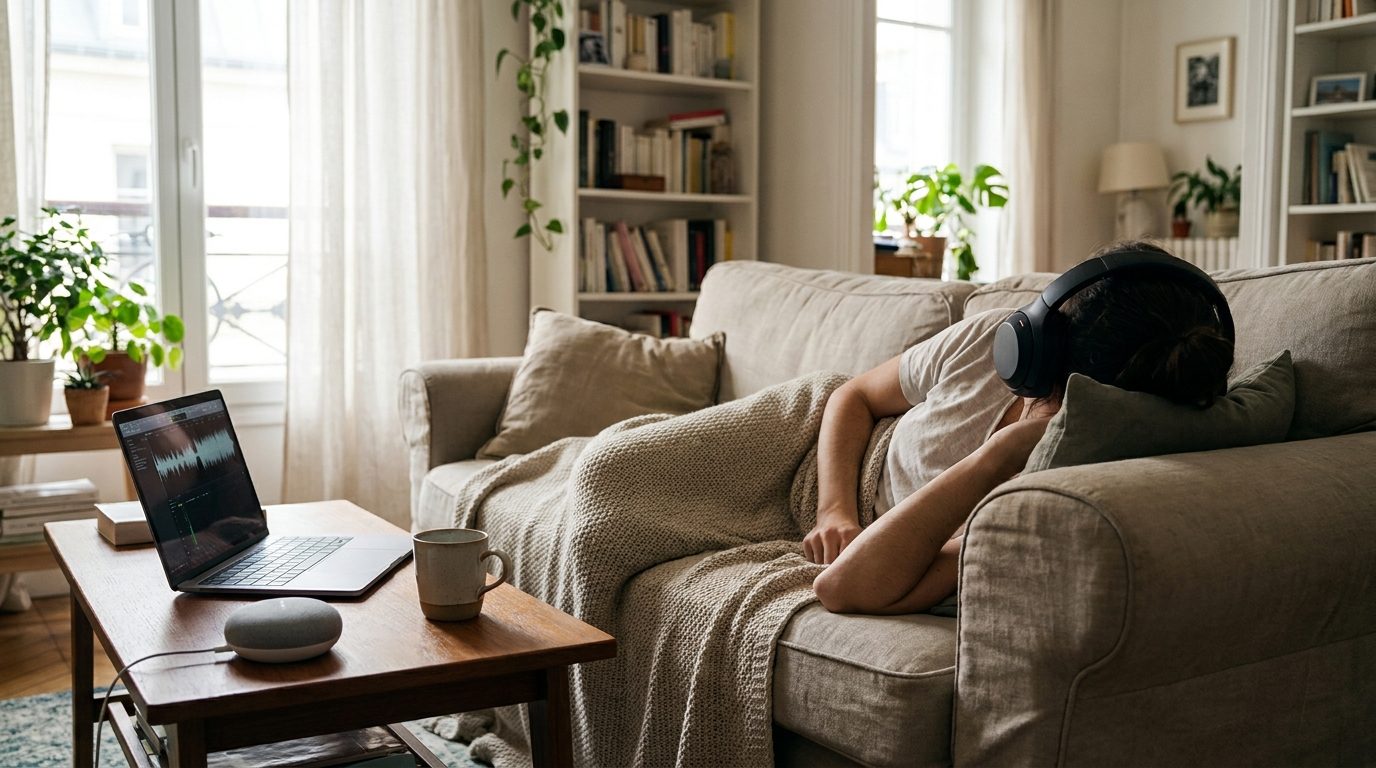Un oyente escucha una radio online con auriculares en su salón