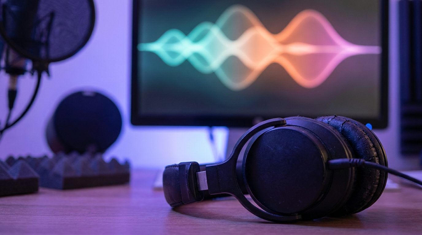 Casque de studio posé devant un écran montrant deux formes d'onde audio en fondu enchaîné