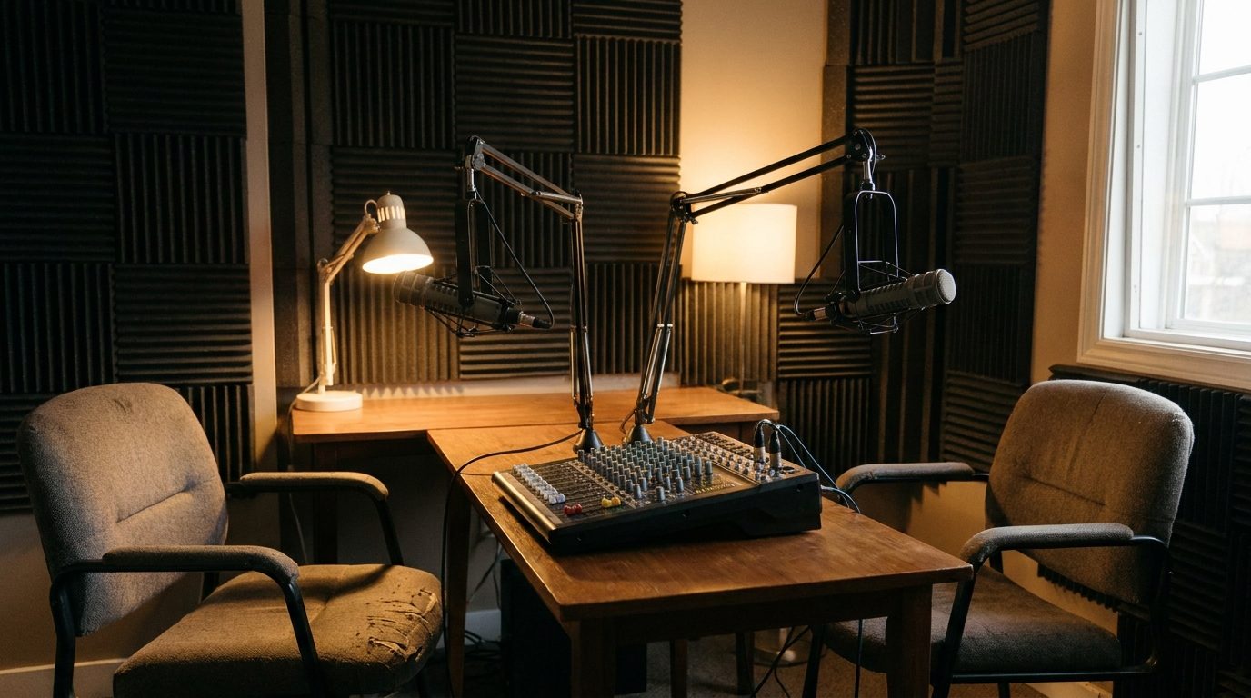 Studio d'enregistrement de podcast avec deux micros et une console de mixage