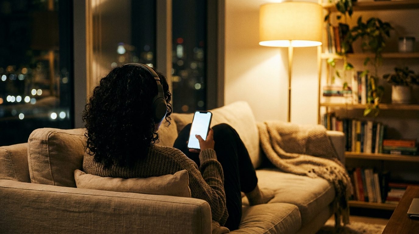 Auditeur avec un casque et un smartphone dans un salon le soir