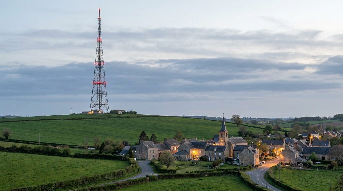 Pylône d'émission radio sur une colline au-dessus d'une petite ville au crépuscule