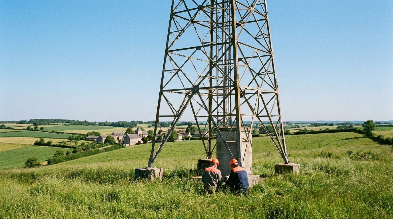 Pylône de diffusion radio sur une colline avec deux techniciens à sa base