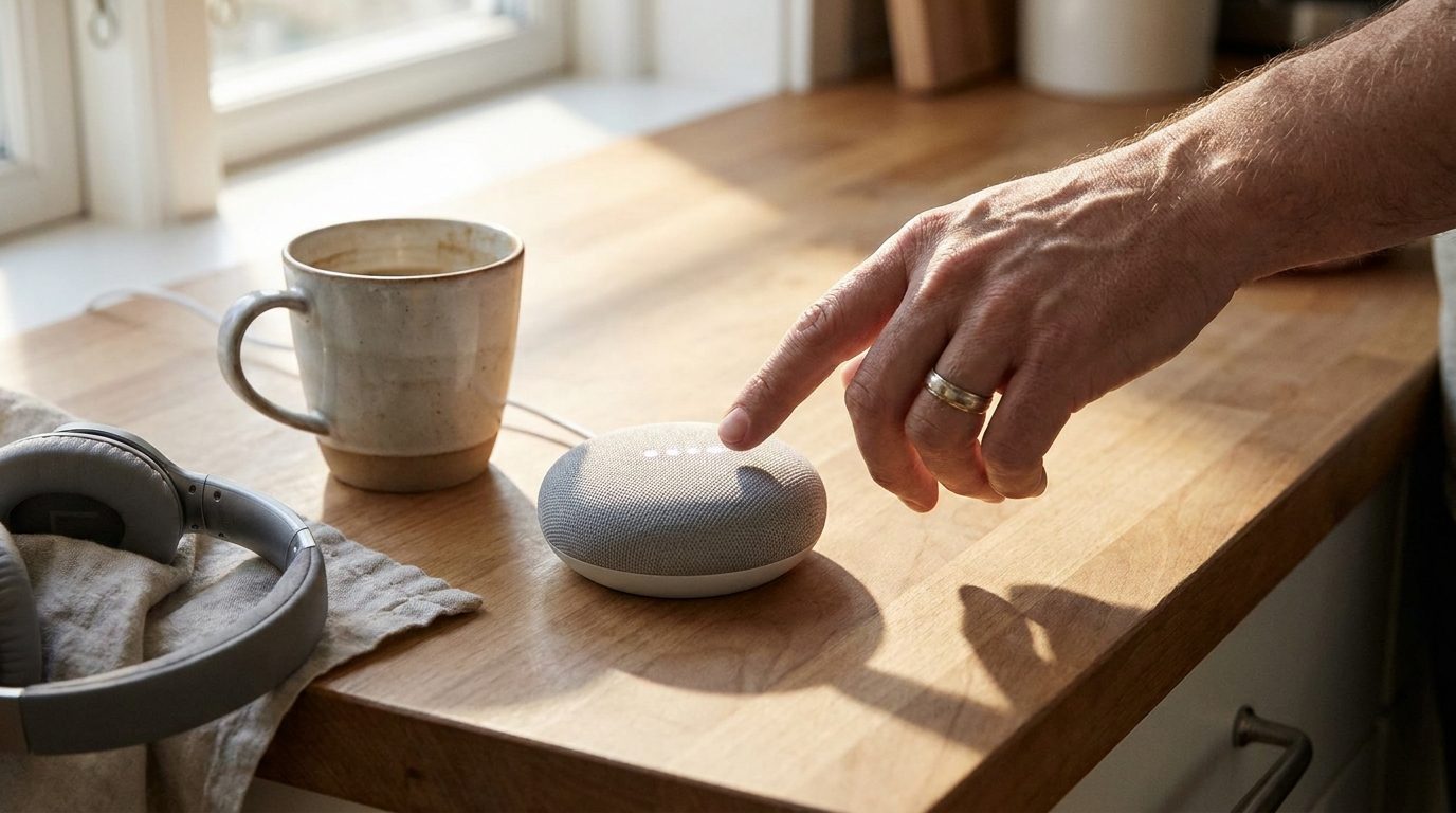 Main près d'une petite enceinte connectée posée sur un plan de travail de cuisine