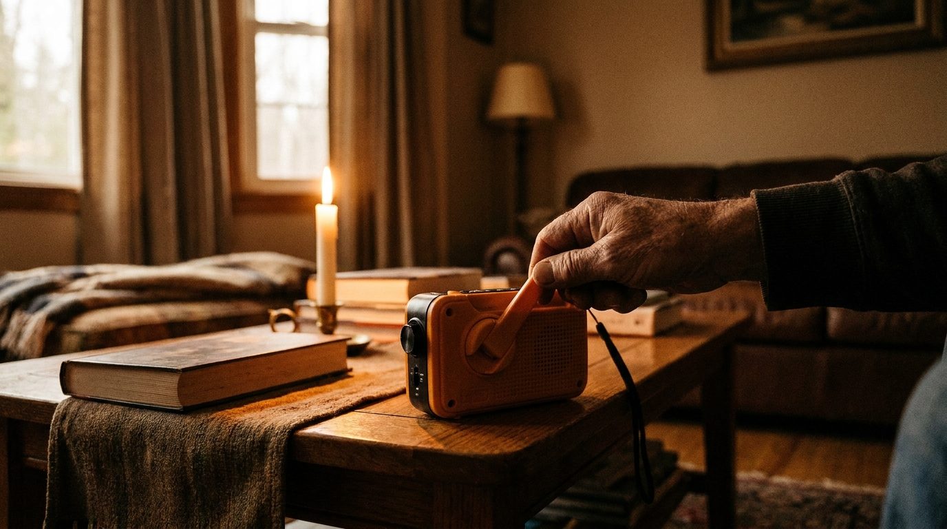 Radio portable à manivelle posée sur une table à côté d'une lampe torche et de bouteilles d'eau