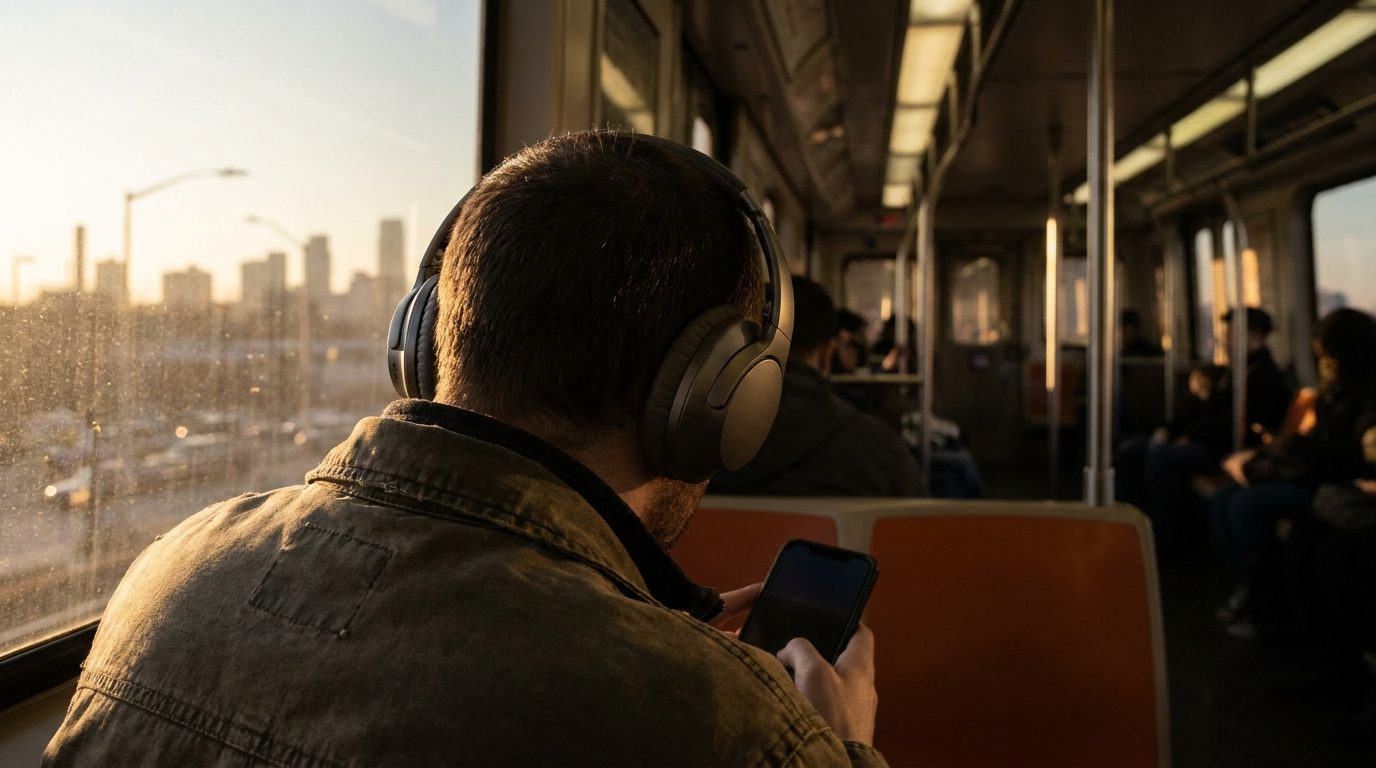 Auditeur écoutant un programme audio au casque dans un train le matin