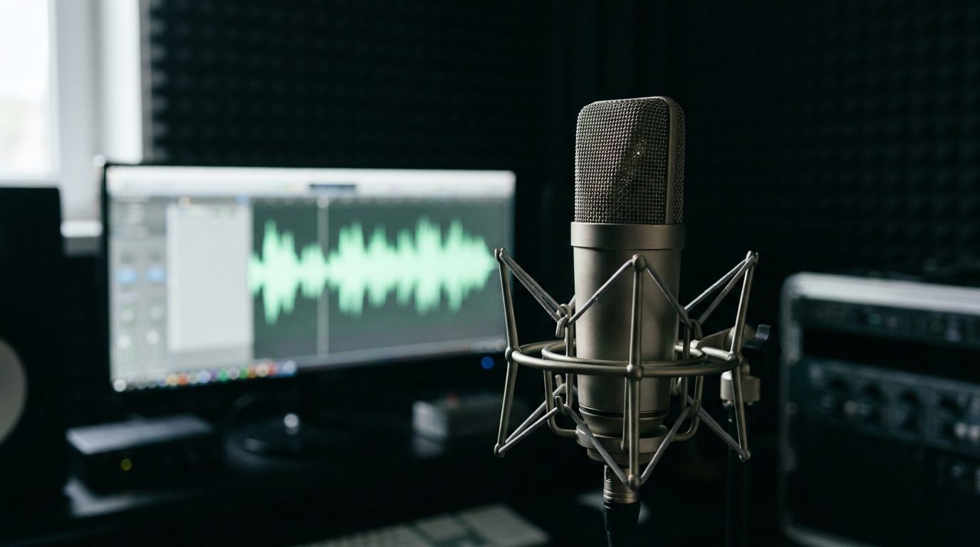 Micro de studio devant un écran d'ordinateur affichant une forme d'onde audio dans une pièce sombre