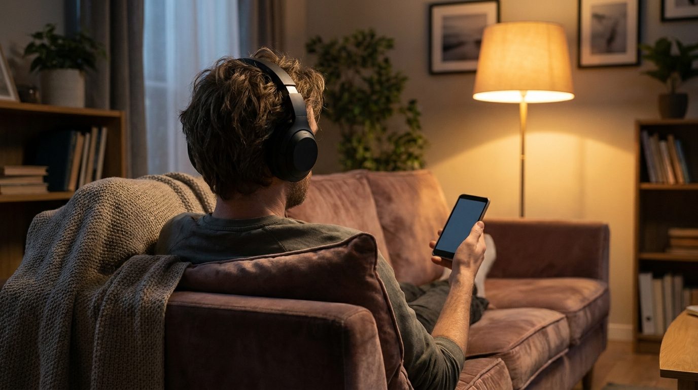 Auditeur de dos avec un casque, détendu dans un canapé le soir avec un smartphone