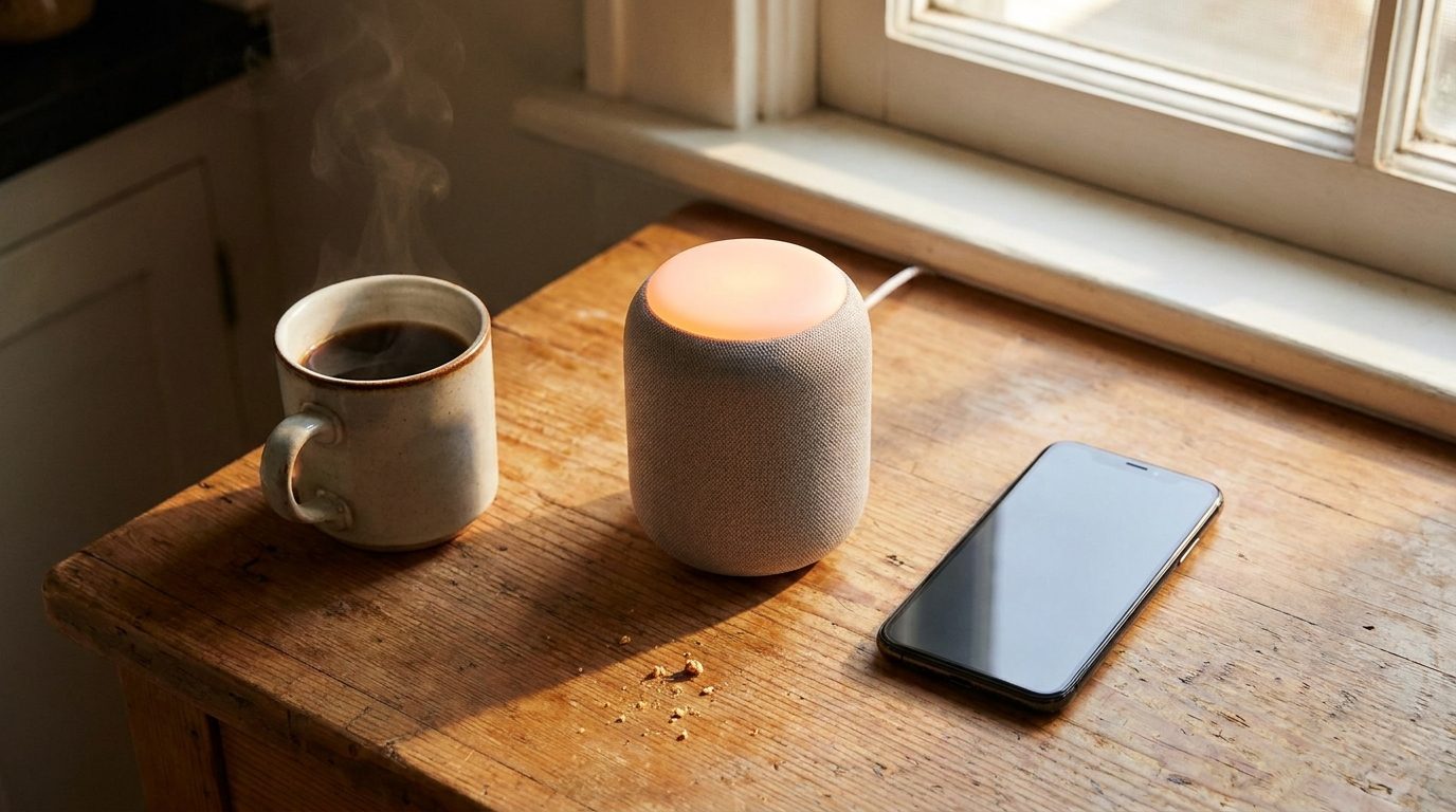 Enceinte connectée diffusant une webradio sur un plan de travail de cuisine