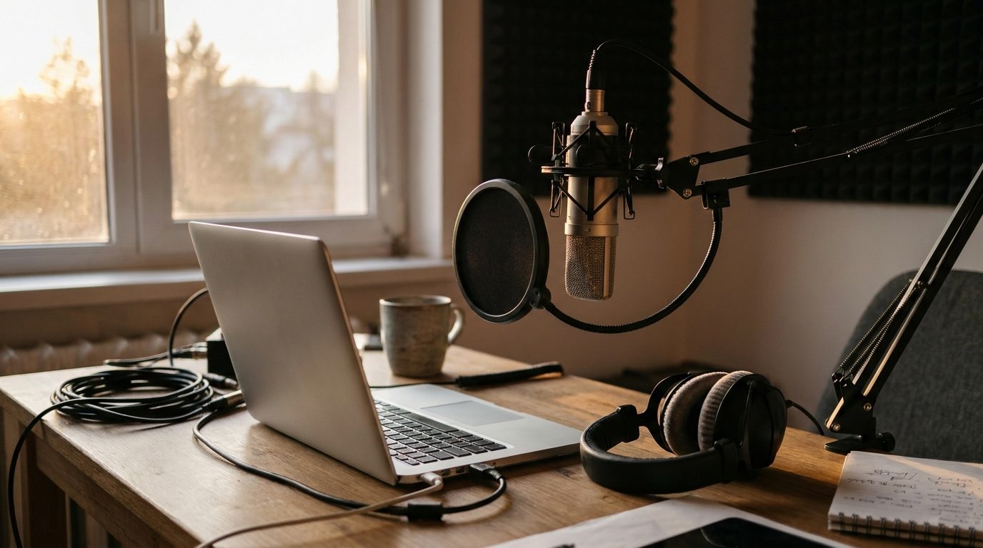 Petit studio de webradio avec ordinateur portable, micro et casque sur un bureau en bois