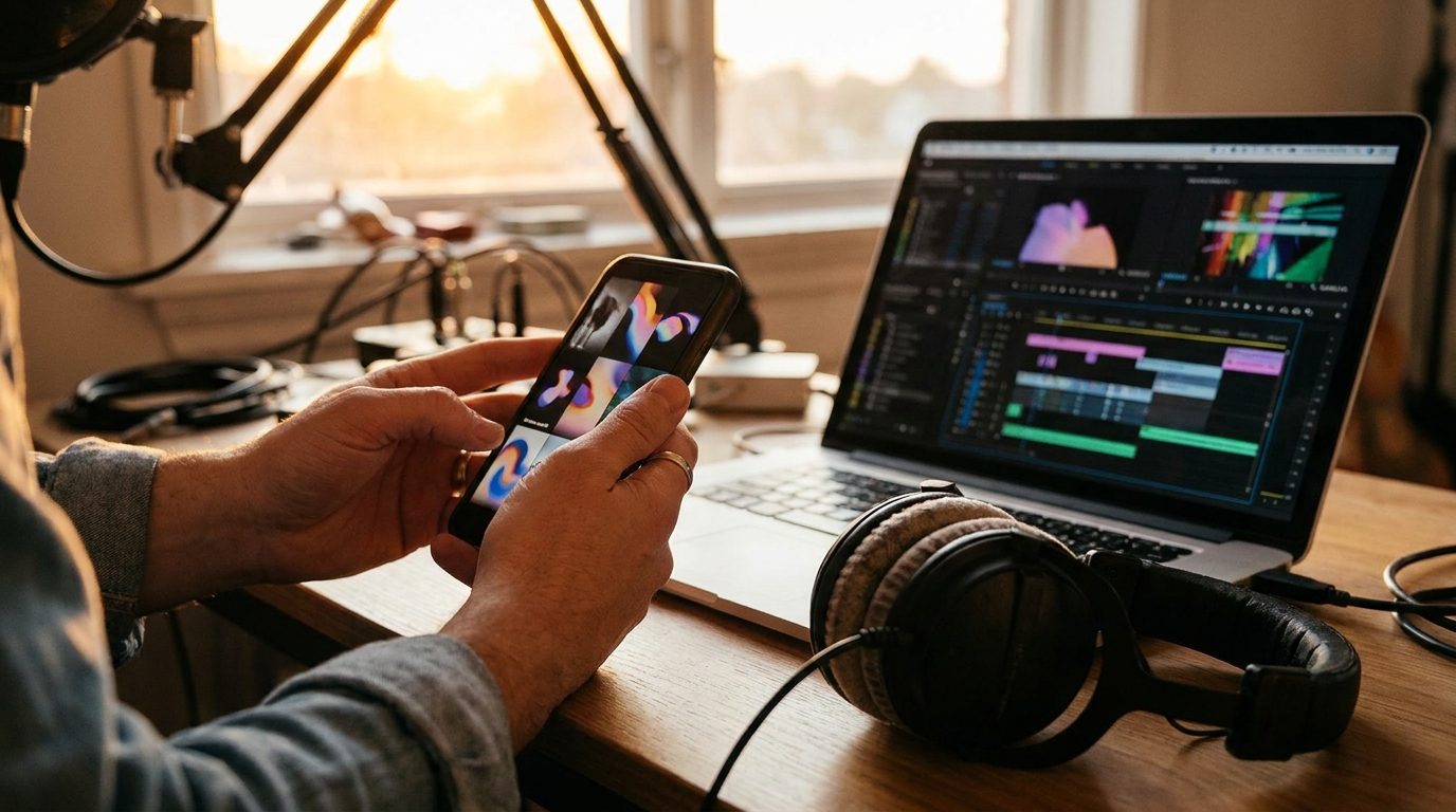 Mains d'un animateur visionnant de courts extraits vidéo sur un smartphone dans un studio