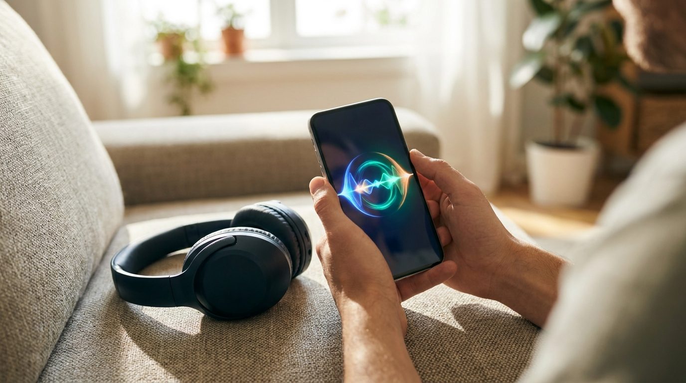 Mains tenant un smartphone affichant une onde audio, avec un casque posé sur un canapé
