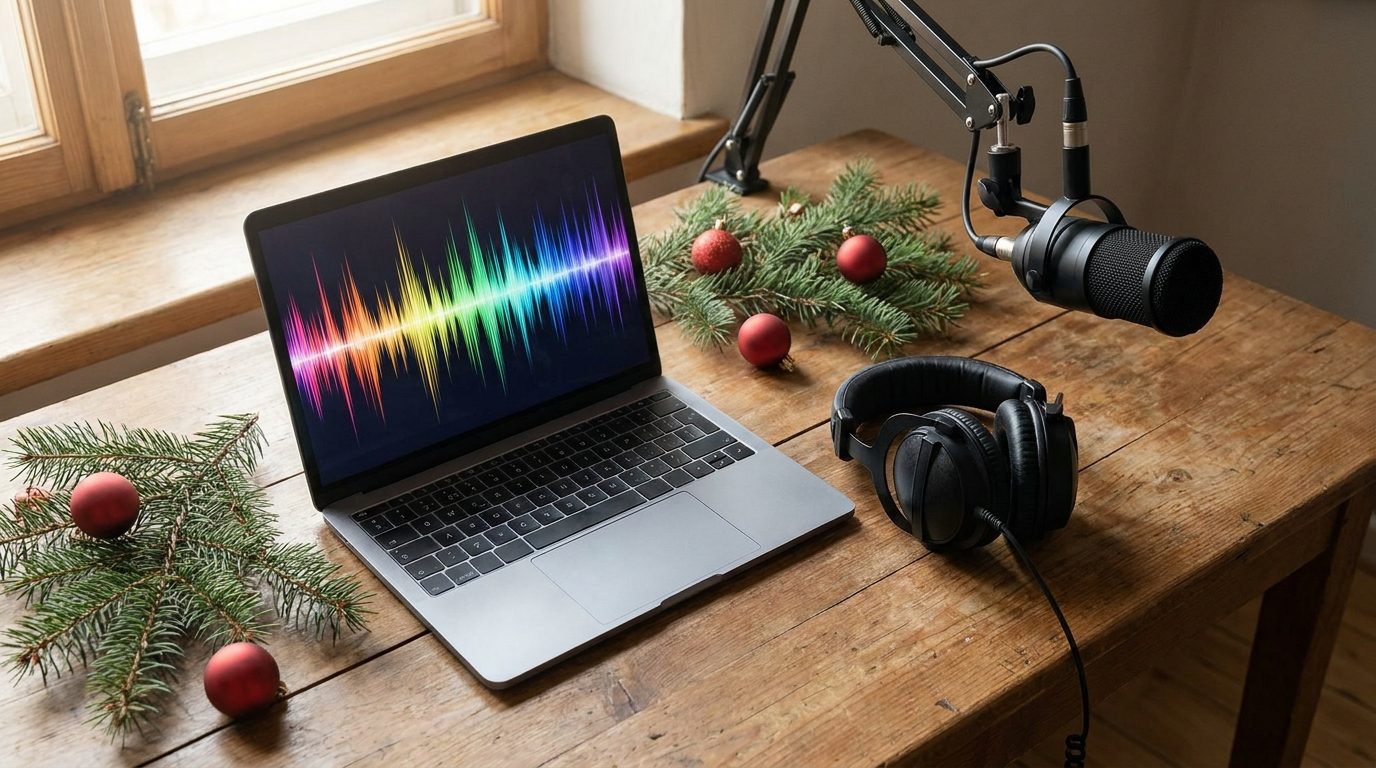 Bureau de production radio avec casque, micro et décorations de Noël