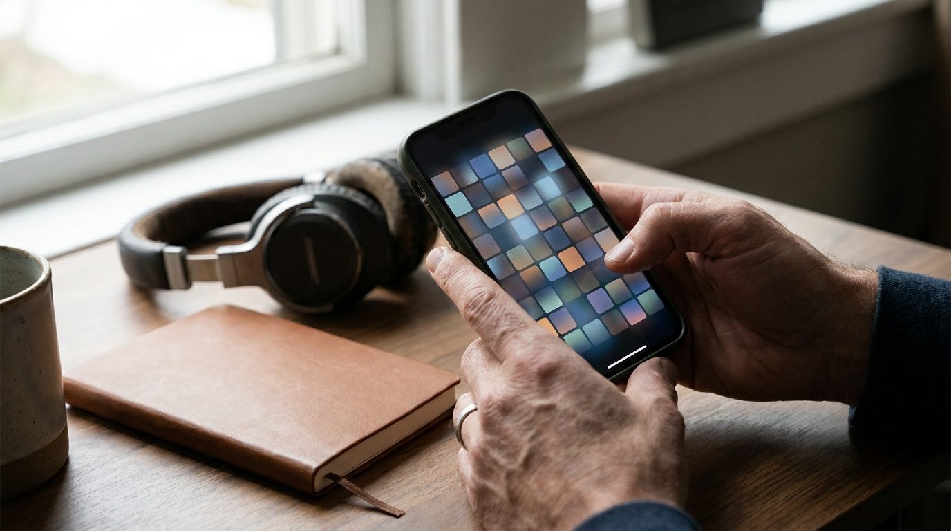 Smartphone affichant une grille de vignettes identiques, illustrant des podcasts dupliqués