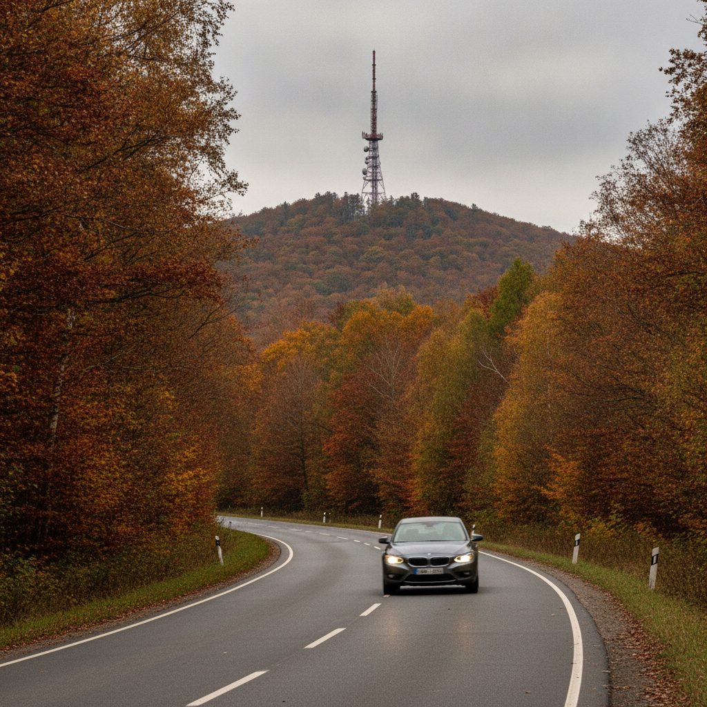 Voiture roulant sur une route forestière en automne avec une tour d'antenne radio en arrière-plan