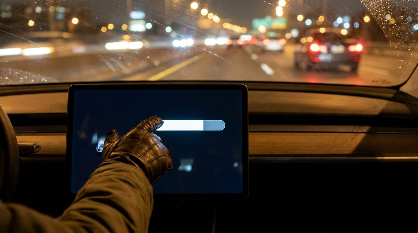 Main réglant le volume sur l'écran tactile d'une voiture roulant sur l'autoroute