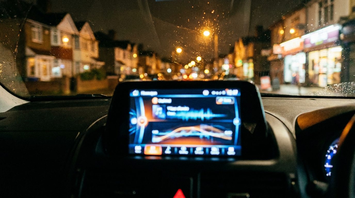 Écran de l'autoradio d'une voiture roulant le soir dans une rue de banlieue