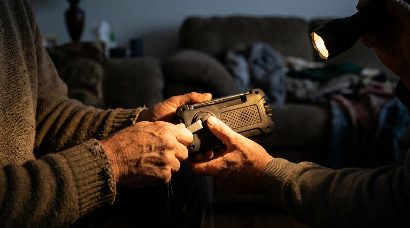 Mains tournant la manivelle d'une radio d'urgence à la lumière d'une lampe torche