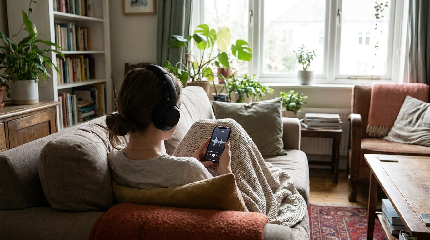 Auditeur écoutant une radio en streaming sur son smartphone avec un casque