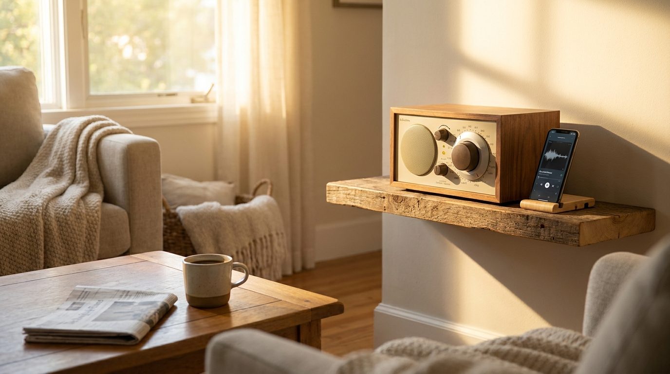 Radio clásica en una estantería junto a un smartphone que reproduce audio en un salón