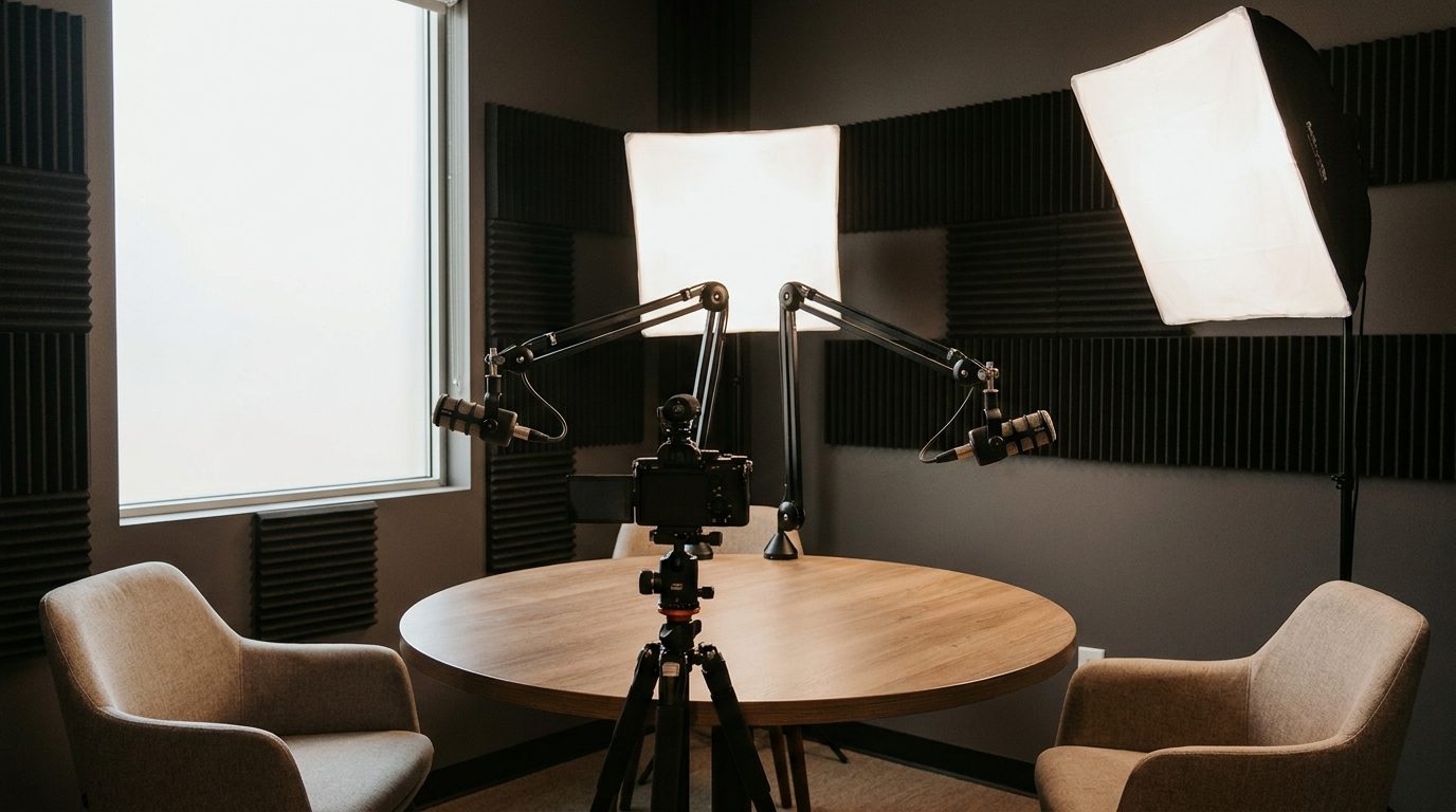 Pequeño estudio de pódcast con dos micrófonos, una cámara e iluminación LED